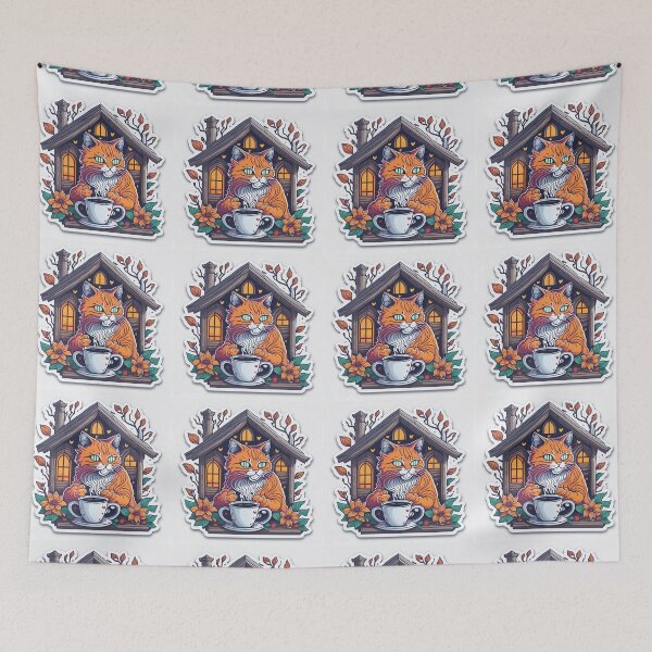 Aperçu de l'œuvre Chat orange buvant du café créée et vendue par CatStickershere.