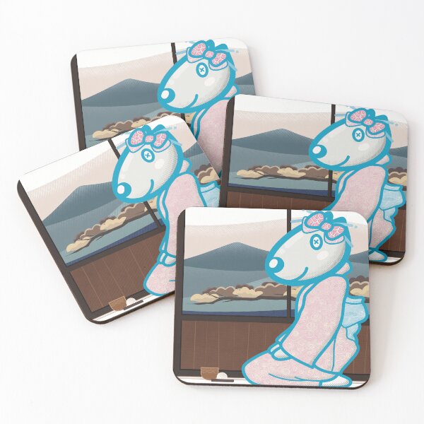 Item preview, Cute dog wearing a Kimono enjoy japanese tea and treat with bonsai and mountain background.  designed and sold by tennstudio.