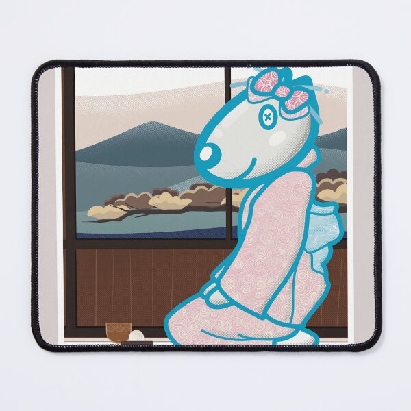 Item preview, Cute dog wearing a Kimono enjoy japanese tea and treat with bonsai and mountain background. designed and sold by tennstudio.