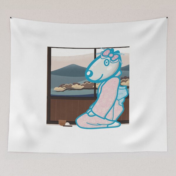 Item preview, Cute dog wearing a Kimono enjoy japanese tea and treat with bonsai and mountain background.  designed and sold by tennstudio.