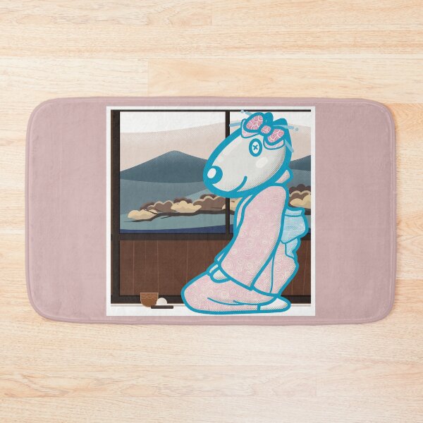 Item preview, Cute dog wearing a Kimono enjoy japanese tea and treat with bonsai and mountain background.  designed and sold by tennstudio.