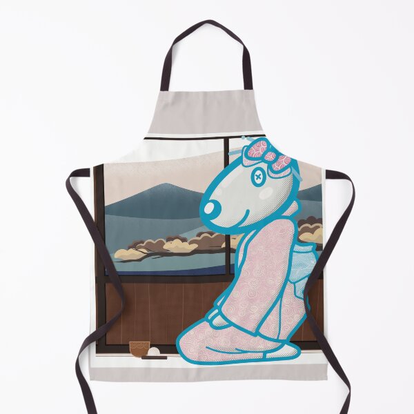 Item preview, Cute dog wearing a Kimono enjoy japanese tea and treat with bonsai and mountain background. designed and sold by tennstudio.