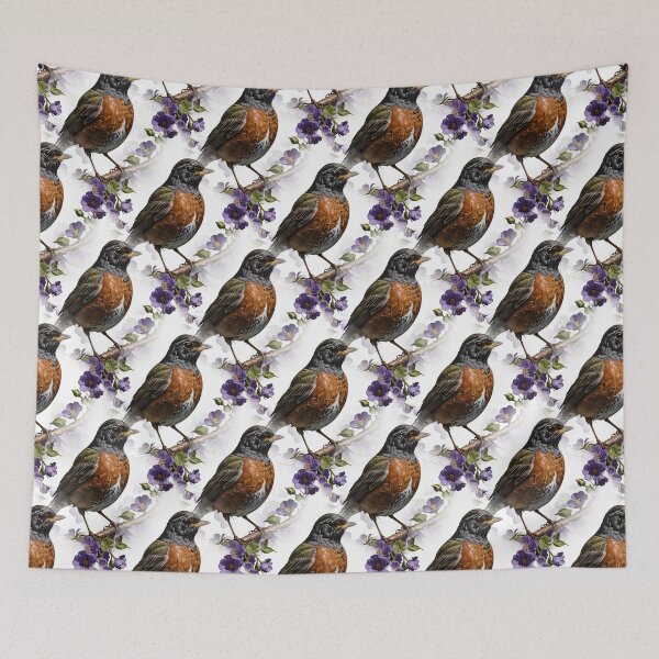 Item preview, Turdus migratorius Bird Surrounded By Violet Viola Flowers Pattern designed and sold by taiche.