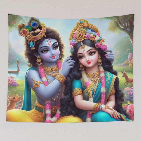 Item preview, Beautiful Krishna Making Radha's hair in Vrindavan Forest designed and sold by VrindaArts.