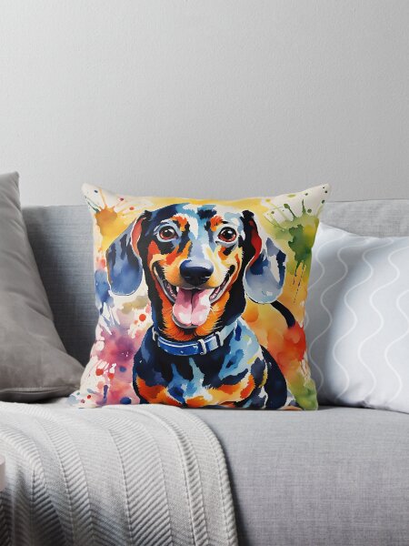 Happy little Dachshund - Colourful watercolour style Dog Portraits Throw Pillow