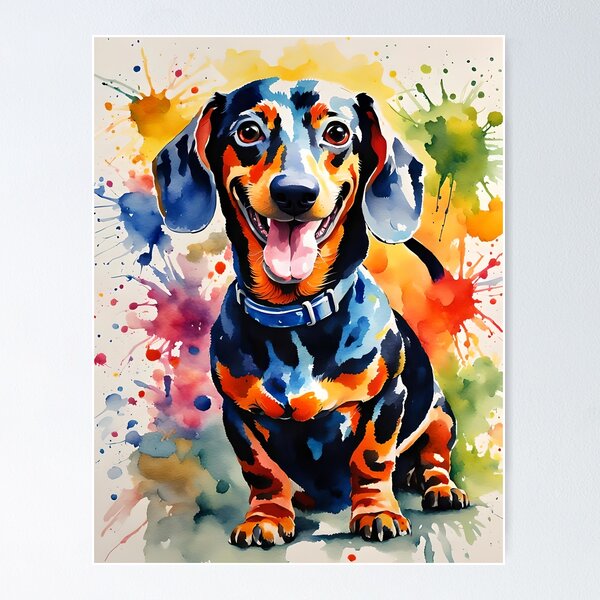 Happy little Dachshund - Colourful watercolour style Dog Portraits Poster