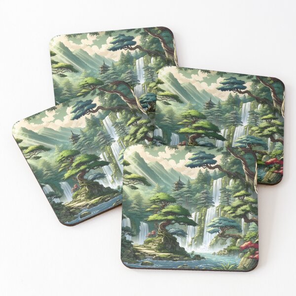 Item preview, Dreamlike forest landscape with waterfall and bonsais anime/manga art designed and sold by Salimgor Hangaround Music.