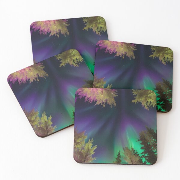 Item preview, Mystical Northern Lights Over Long Pine Trees - Green and Purple Aurora Borealis designed and sold by Solsticexposure.
