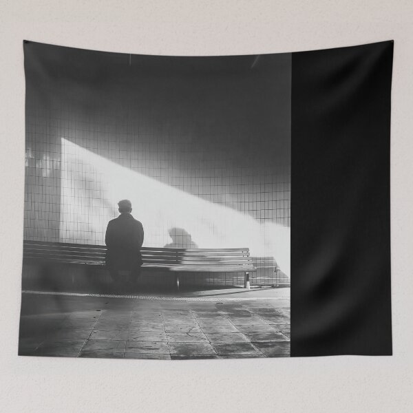 Item preview, Lonely Figure on a Bench in Sunlit Subway Station – Street Photography designed and sold by regnumsaturni.