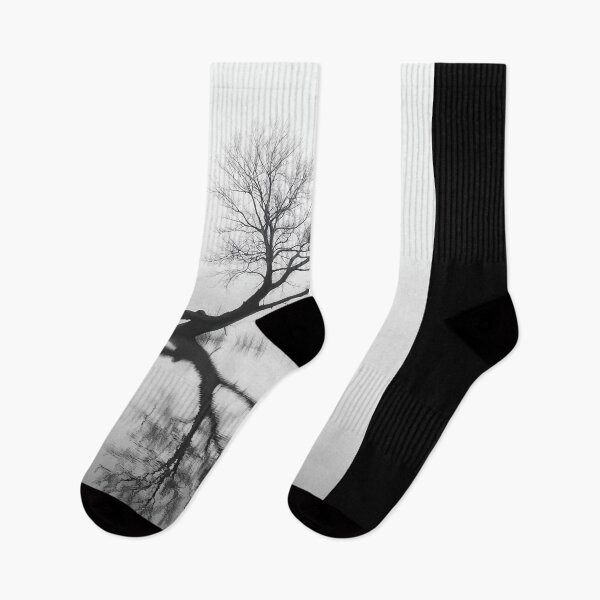 Item preview, Minimalist Poetic Tranquil Reflections of a Lone Tree in Misty Waters – Black and White Photography designed and sold by regnumsaturni.
