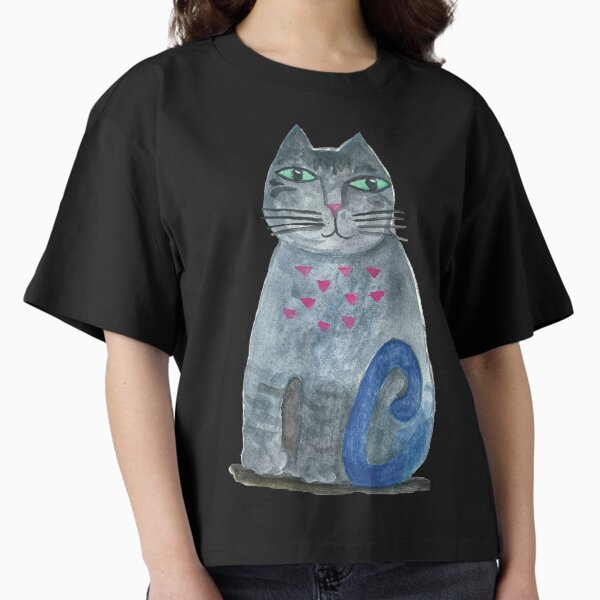 Whimsical blue tailed cat Boxy T-Shirt