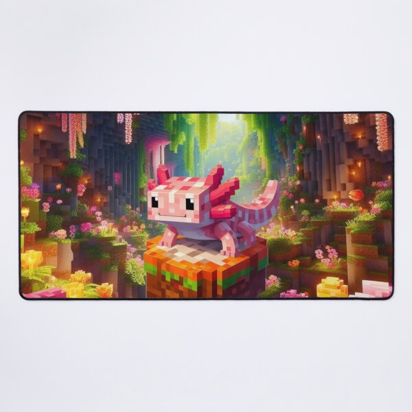 Aperçu de l'œuvre Axolotl Minecraft rose mignon sur bloc créée et vendue par LyssasMindArt.