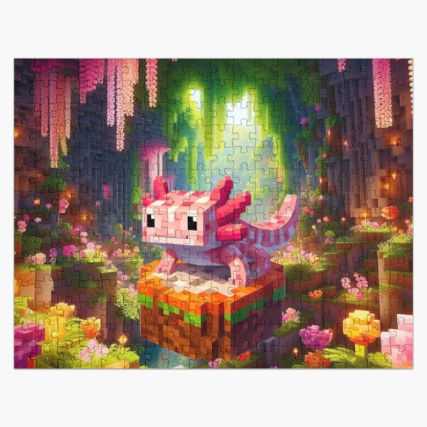 Item preview, Cute Pink Minecraft Axolotl on Block designed and sold by LyssasMindArt.