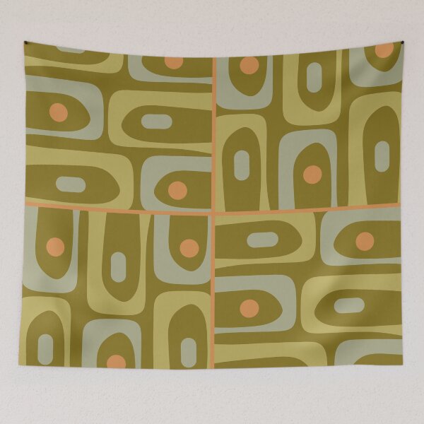 Item preview, Mid Century Modern Piquet Retro Abstract Tiled Pattern in Vintage Olive Green and Cantaloupe Orange designed and sold by kierkegaard.
