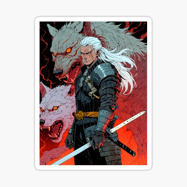 Retro White wolf Geralt japan anime style Sticker