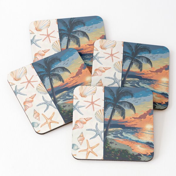 Item preview, Colorful tropical beach sunset and seashells starfish blue and orange designed and sold by Inktown.