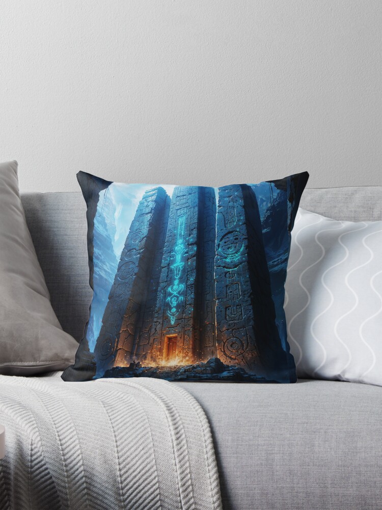 Mysterious Ancient Temple Under a Full Moon As Figure Stands Before It Breathtaking AI Concept Art by Xzendor7 Decorative Art Print Throw Pillow