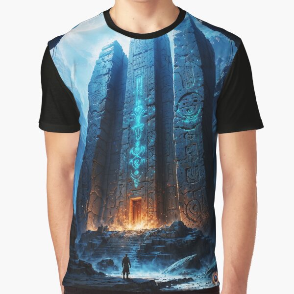 Mysterious Ancient Temple Under a Full Moon As Figure Stands Before It Breathtaking AI Concept Art by Xzendor7 Graphic T-Shirt