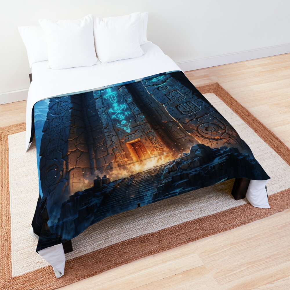 Mysterious Ancient Temple Under a Full Moon As Figure Stands Before It Breathtaking AI Concept Art by Xzendor7 Decorative Art Print Comforter