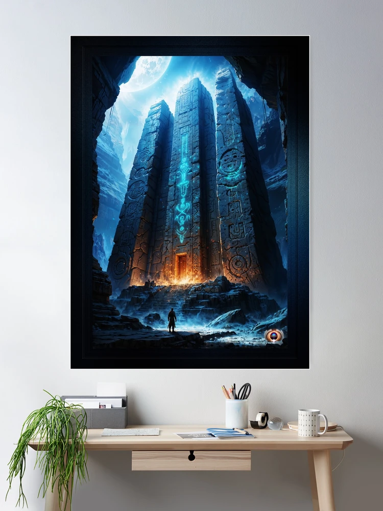 Mysterious Ancient Temple Under a Full Moon As Figure Stands Before It Breathtaking AI Concept Art by Xzendor7 Room Decor Poster Art Print 