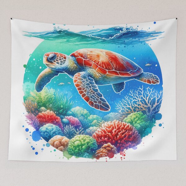 Item preview, Swimming Sea Turtle Coral Reef Watercolor Style designed and sold by InsanseCreation.