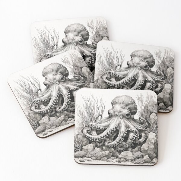 Item preview, Black and white Octopus pencil drawing designed and sold by Pencil-Art.