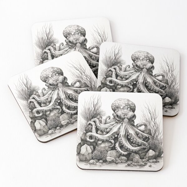 Item preview, Black and white Octopus pencil drawing designed and sold by Pencil-Art.