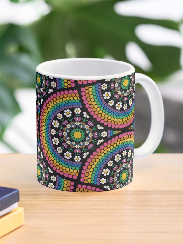 Coffee Mug, Maximalist Rainbow Daisy Dot The Difference Mandala Art Deco Fans designed and sold by Triplicate Limited