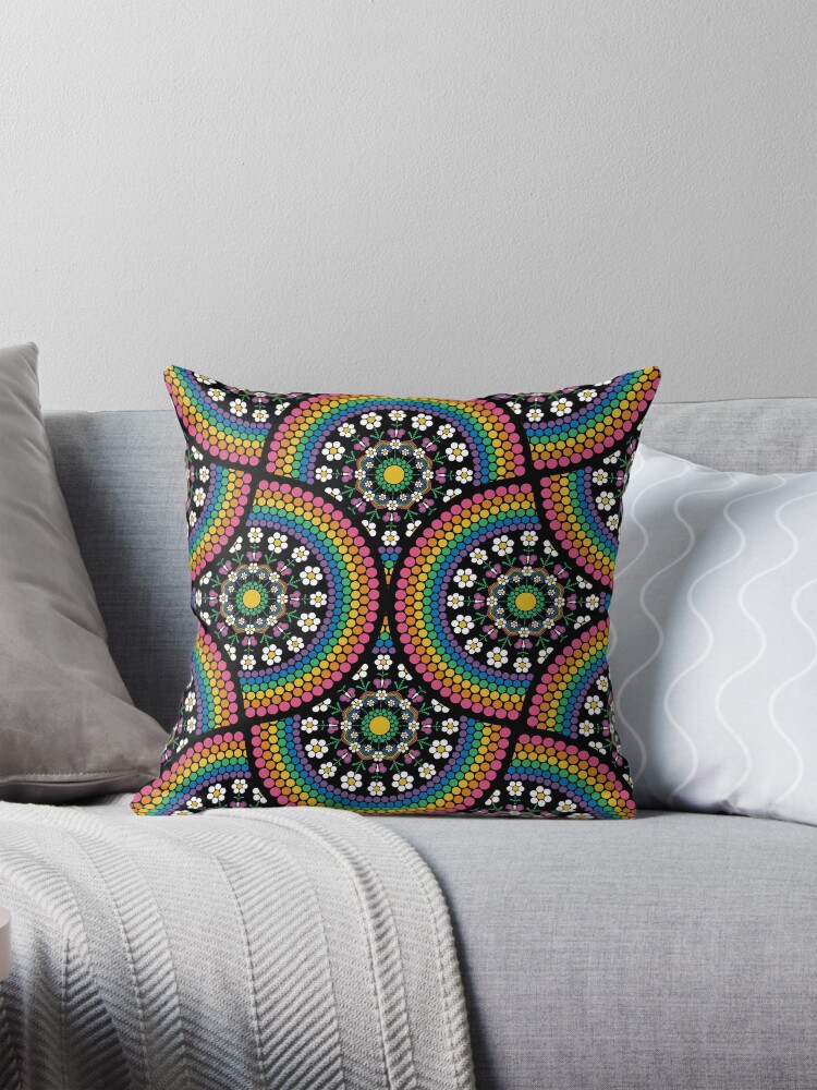 Pillow, Maximalist Rainbow Daisy Dot The Difference Mandala Art Deco Fans designed and sold by Triplicate Limited