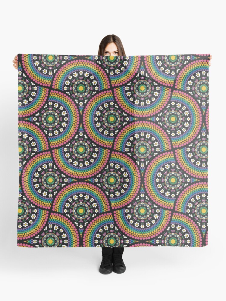 Scarf, Maximalist Rainbow Daisy Dot The Difference Mandala Art Deco Fans designed and sold by Triplicate Limited