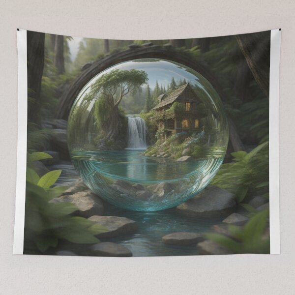 Item preview, Rustic House & Waterfall: Hidden Wilderness Gem Enchanting Glass Orb designed and sold by EnchantedVista.