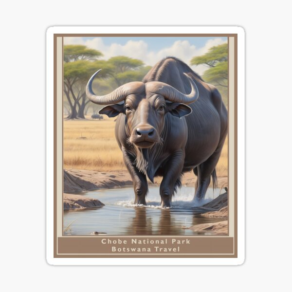 Vista previa del artículo con la obra «Póster estilo Parque Nacional Chobe Botswana 1950 - búfalo de agua», diseñado y vendido por Museum Of Non-Existing Art.