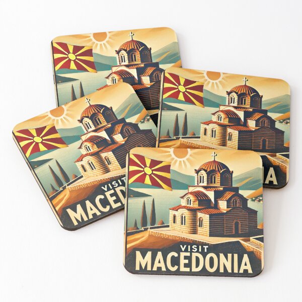 Item preview, Visit Macedonia, Vintage Travel Poster, Vergina Sun, 1920s Style Ohrid St. John at Kaneo designed and sold by juiceboxvintage.