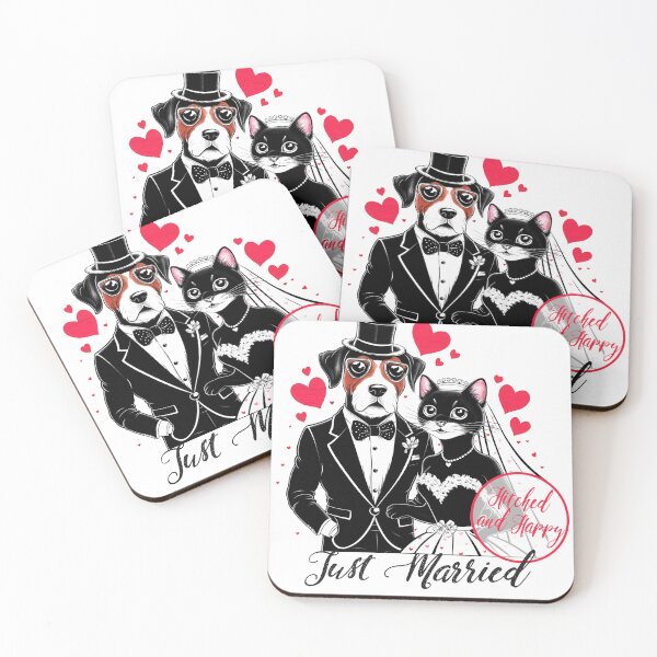 Item preview, Honeymoon Art "Just Married - Hitched and Happy" – Adorable Dog and Cat Couple designed and sold by asprse.
