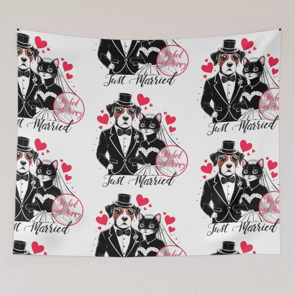 Item preview, Honeymoon Art "Just Married - Hitched and Happy" – Adorable Dog and Cat Couple designed and sold by asprse.