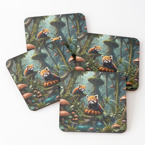 Item preview, Baby Red Panda Bear Sisters Staring at The Bamboo Mushrooms designed and sold by DesignsByMalia.