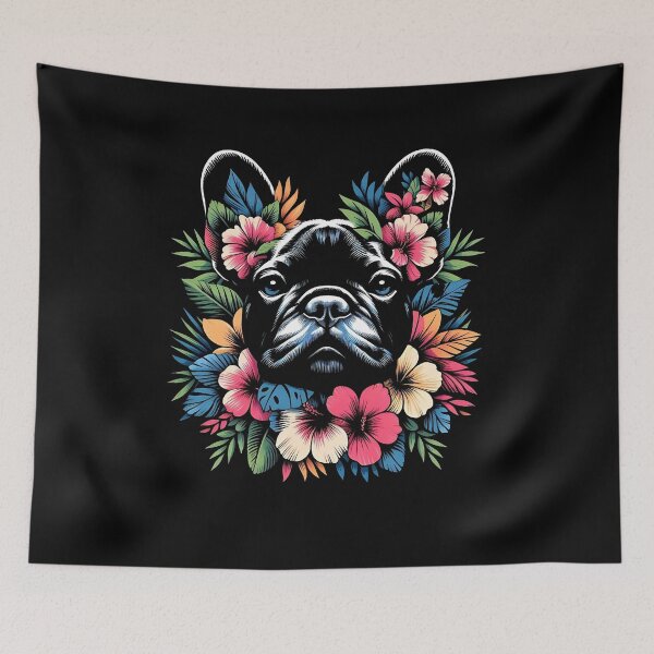 Item preview, French bulldog face, silhouette and colorful tropical flowers, French bulldog lovers, gift for French bulldog  lovers designed and sold by Collagedream.