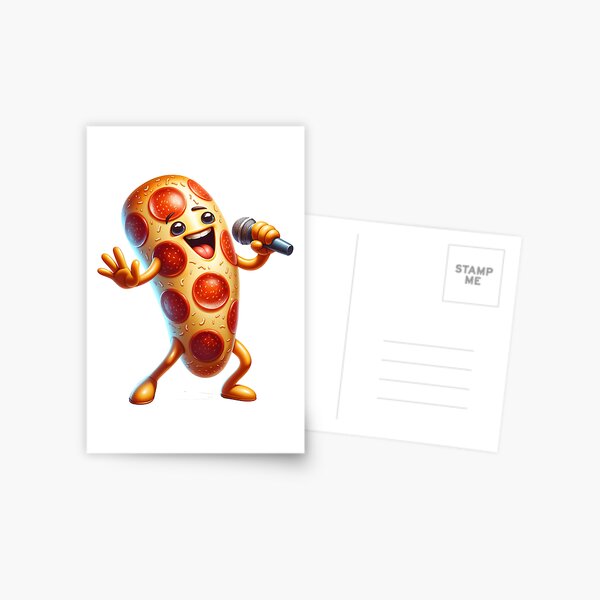 Das Design zeigt eine singende Pepperoni-Pizza mit einem Mikrofon, die eine lustige und kreative Darstellung einer beliebten Speise mit einer musikalischen Note kombiniert. Postkarte