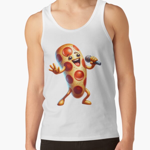 Das Design zeigt eine singende Pepperoni-Pizza mit einem Mikrofon, die eine lustige und kreative Darstellung einer beliebten Speise mit einer musikalischen Note kombiniert. Tank Top