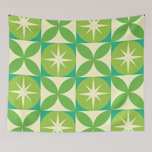 Item preview, Mid Century retro starbursts on circles with geometric shapes in Lime  and mint green designed and sold by Yasminepatterns .
