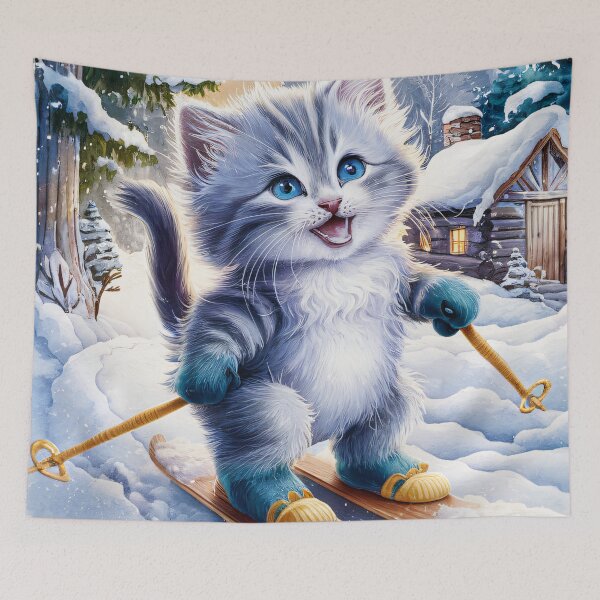 Item preview, A Cute Gray Kitten Is Cross-Country Skiing designed and sold by pixelplaza.
