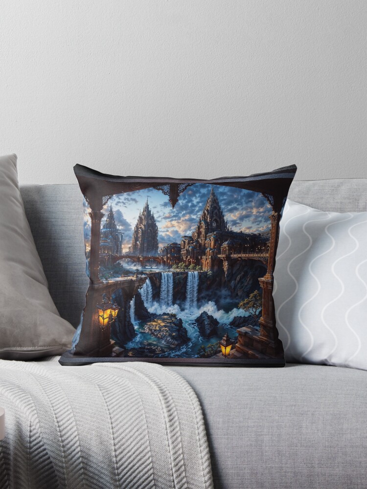 Gothic Architecture Of The Majestic City of Aeneron Falls Astonishing Landscape AI Concept Art by Xzendor7 Decorative Art Print Throw Pillow