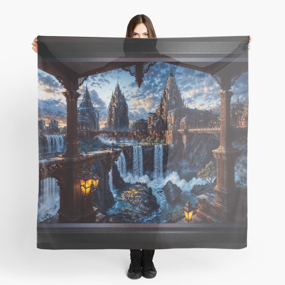 Gothic Architecture Of The Majestic City of Aeneron Falls Astonishing Landscape AI Concept Art by Xzendor7 Decorative Art Print Women's Scarf