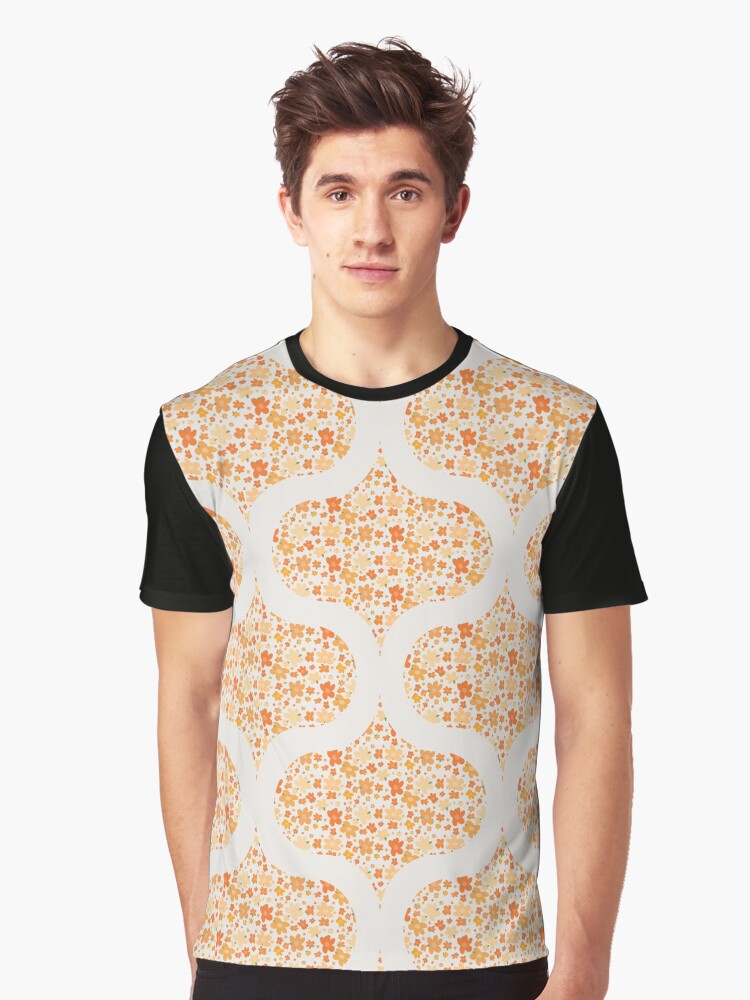 Graphic T-Shirt, Retro Florals Fall Oranges Ogee designed and sold by Triplicate Limited