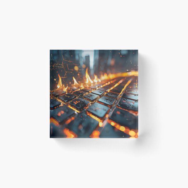 Item preview, A keyboard ablaze, circuits revealed beneath keys, a vivid portrayal of technological intensity designed and sold by homydesign.