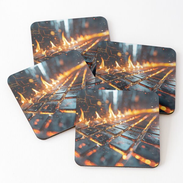 Item preview, A keyboard ablaze, circuits revealed beneath keys, a vivid portrayal of technological intensity designed and sold by homydesign.