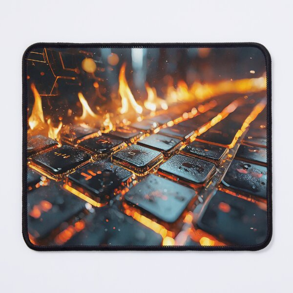 Item preview, A keyboard ablaze, circuits revealed beneath keys, a vivid portrayal of technological intensity designed and sold by homydesign.