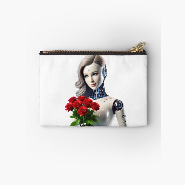 Artikelvorschau, Elegante KI-Roboterfrau mit Rosenstrauß und blau-silbernem Kleid entworfen und verkauft von WhiteDoveArt.