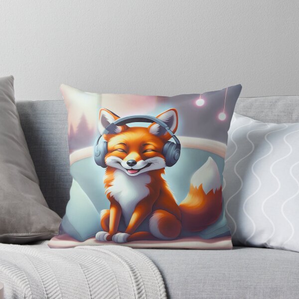 Item preview, Smiling fox with headphones on pillow designed and sold by ColorfulCreate.
