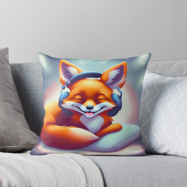 Item preview, Smiling fox with headphones on pillow designed and sold by ColorfulCreate.